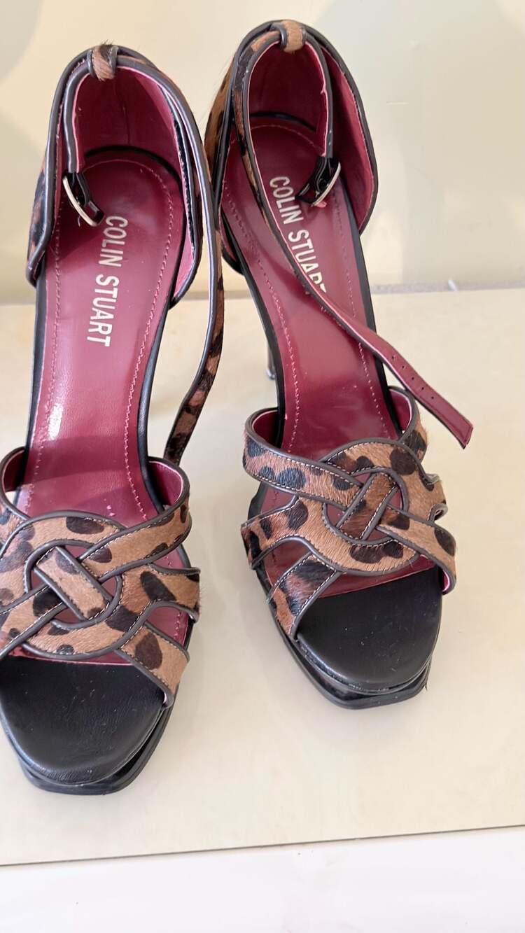 Colin Stuart Leopard Print Calf Hair Ankle Strap Platform Heels